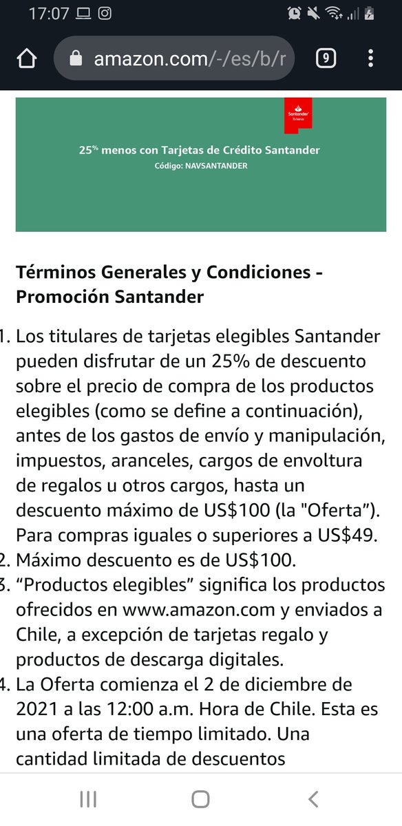 cotedospuntos3's tweet photo. Volvió el 25% dcto en Amazon HASTA 100USD 🤩 pagando con tarjetas Santander con el código NAVSANTANDER solo hasta el 8 de dic!!
Además si crean una Superdigital (prepago virtual Santander) les dan 3 lucas de regalo por poner mi codigo 💕 https://t.co/Oexy3TrD2c