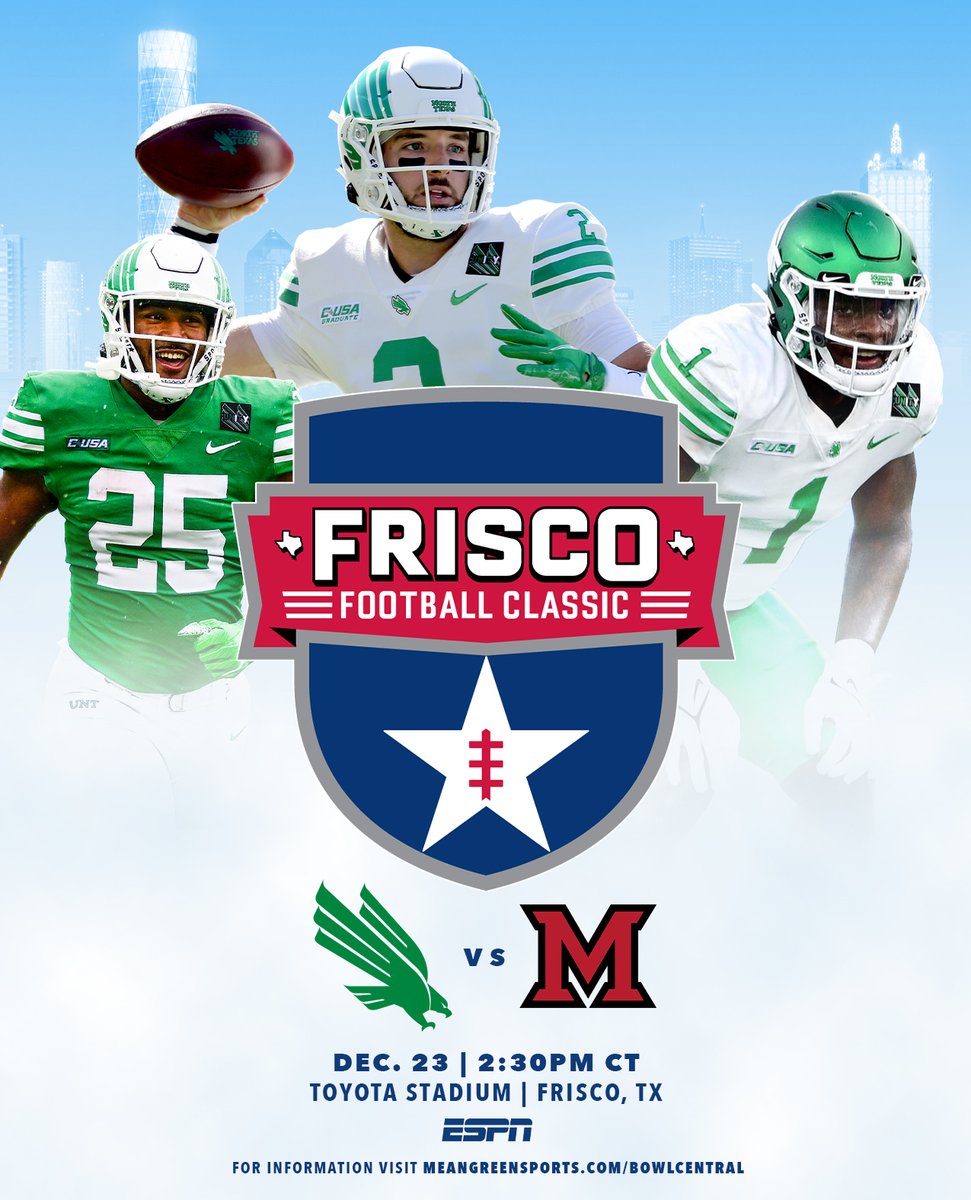 MeanGreenFB's tweet image. Let’s make it a 𝙝𝙤𝙢𝙚 game.

ꜰʀɪꜱᴄᴏ ꜰᴏᴏᴛʙᴀʟʟ ᴄʟᴀꜱꜱɪᴄ
🆚 Miami (Ohio)
🗓️ Dec. 23
📍 Frisco, Texas
🏟️ Toyota Stadium
⏰ 2:30 p.m. CT
📺 ESPN
💻 northtex.as/BowlCentral
📝 northtex.as/FriscoFBClassic

#GMG 🟢🦅