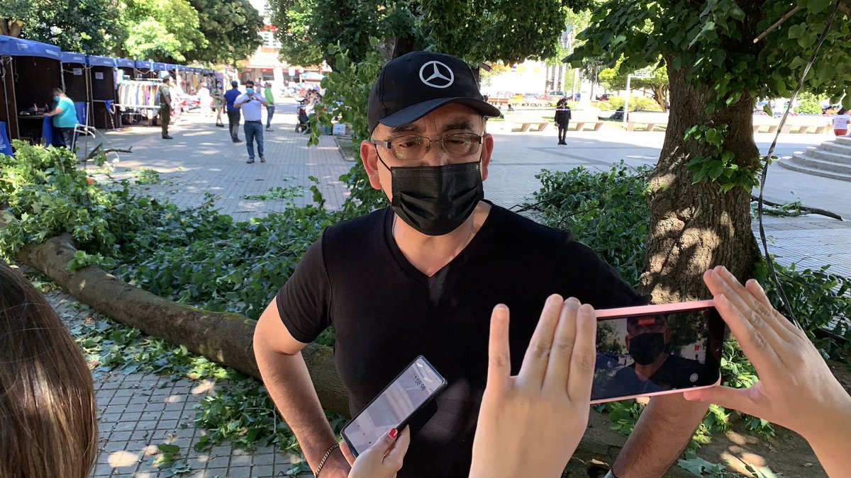 En terreno, con equipo municipal, trabajando en emergencia por caída de ramas de árbol en Plaza de Armas. Nuestro Dideco acompaña a tres lesionados en Hospital Base Osorno.