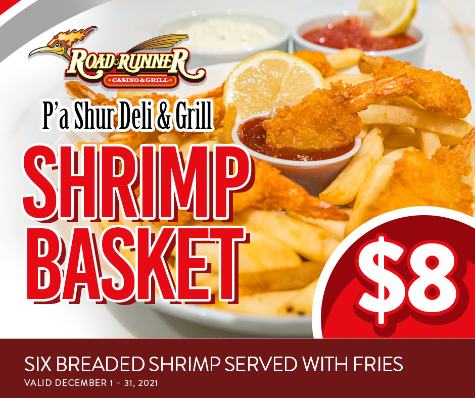 sandia_casino's tweet photo. Get in on #December #dining #deals at #Roadrunner &amp; #PaShur!

For just $8, you can get our #tasty #ShrimpBasket ft 6 breaded shrimp with fries! 🍤 🍟 

#sandia #sandiacasino #sandiaresort #casino #resort #casinodining #decemberspecial #diningspecial #diningdeal #shrimp #special https://t.co/WogMtyTrMk