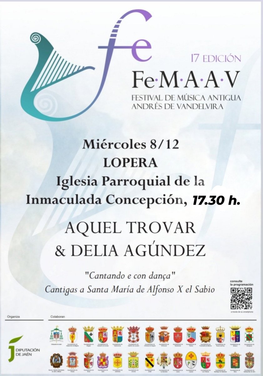 CONCIERTO DE MÚSICA ANTIGUA DE AQUEL TROVAR &amp; DELIA AGÚNDEZ : "Cantando e con dança". Cantigas a Santa María de Alfonso X  el Sabio.

👉 Miércoles 8 de diciembre
 👉 17.30 horas
👉 Parroquia de la Inmaculada Concepción.

#XVIIFestivaldeMúsicaAntigua
<a href="/isabel_uceda/">Isabel Uceda Cantero \❤</a> 
<a href="/dipujaen/">Diputación de Jaén</a>
