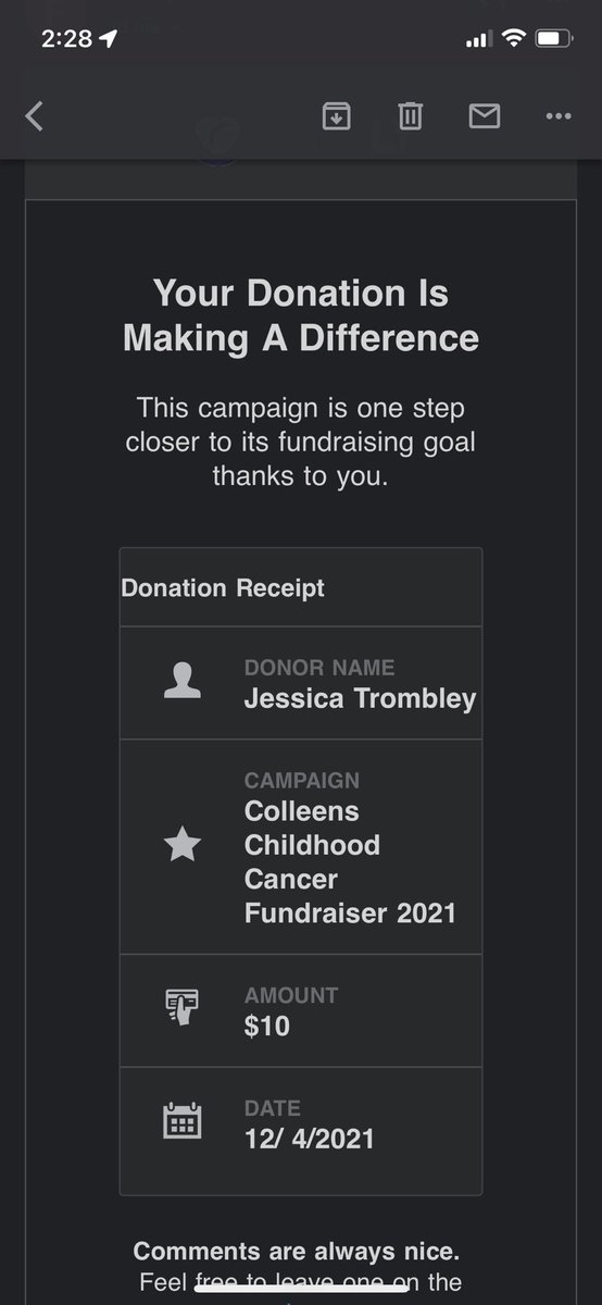 Jessitrombley's tweet photo. @ColleenB123 my donation receipt! Hoping the fundraiser works out soon! https://t.co/vzRMxOC738
