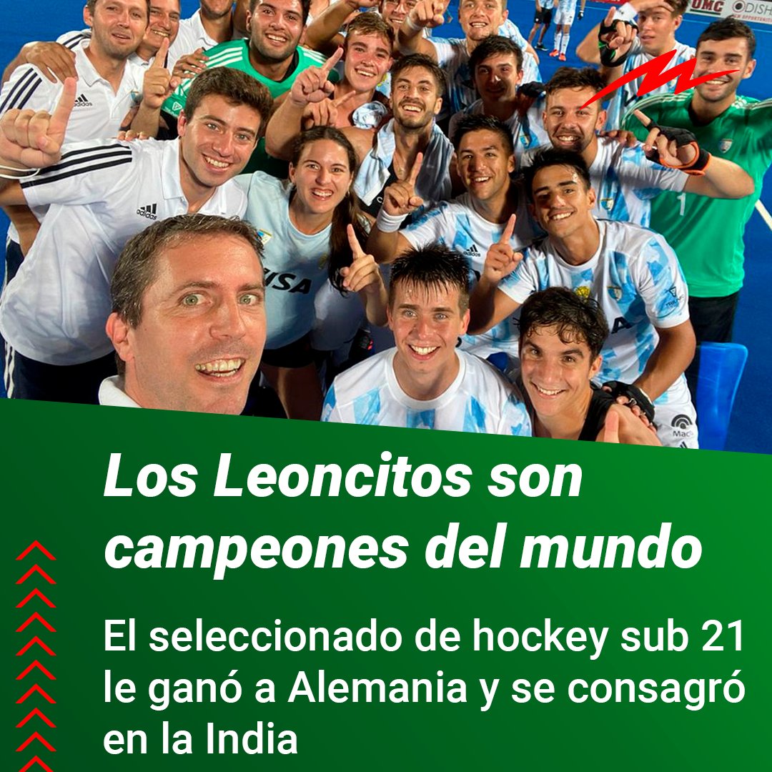 📣 La Selección argentina de hockey ganó el Mundial sub 21 en India, venció a Alemania 4 a 2 en la final. Es la segunda vez que los Leoncitos consiguen este título.
Lautaro Domene fue la figura con 3 goles, mientras que Franco Agosto selló victoria argentina sobre el final.