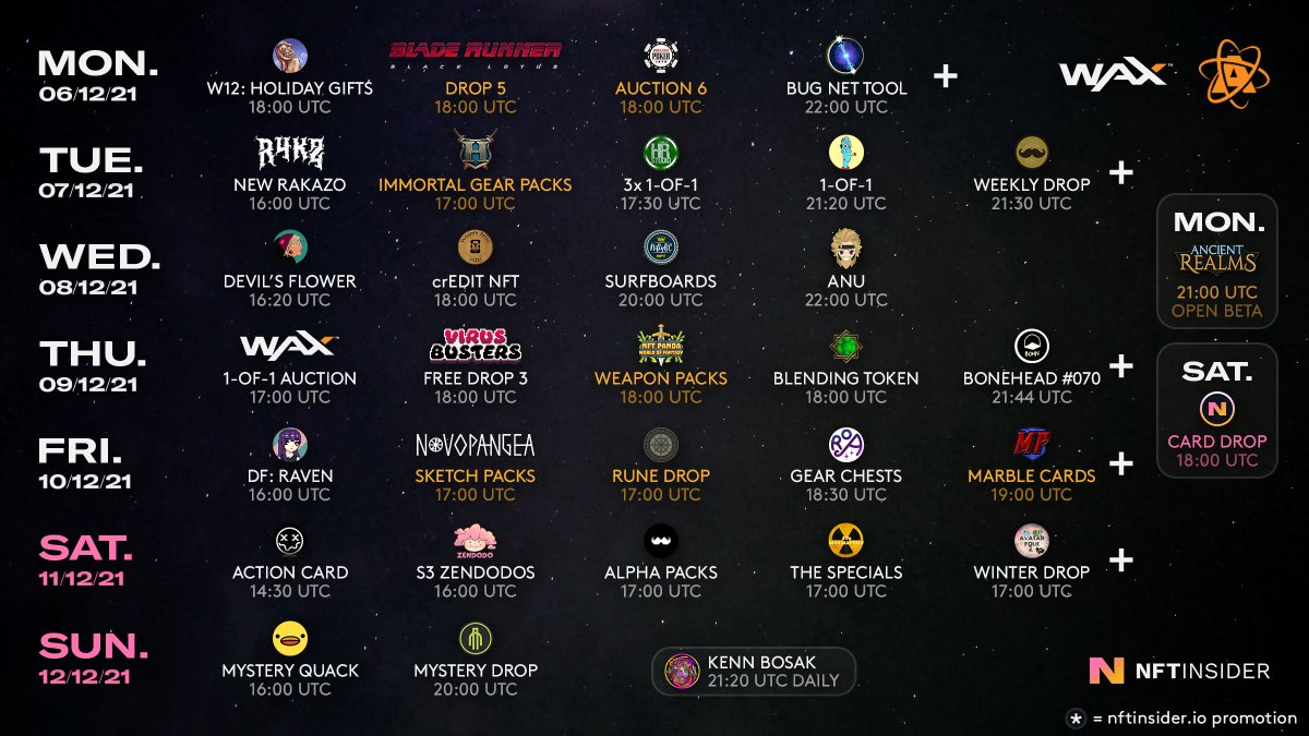 It's #PlayToEarn week on <a href="/WAX_io/">WAX</a> / <a href="/AtomicHub/">AtomicHub</a>! 🚀 #NFTs #NFTdrop 

📅 nftinsider.io/tw32/

@Immersys <a href="/AncientRealmsio/">AncientRealms</a> <a href="/hodlgodgame/">HodlGod</a> <a href="/OnessusBlock/">Onessus.</a> <a href="/NippyNip2/">NippyNip</a> <a href="/FuturesRelic/">Future's Relic</a> @godsnlegends <a href="/VirusBustersNFT/">Virus Busters</a> <a href="/NftPanda/">NFT Panda</a> <a href="/Novopangeaio/">Novopangea</a> <a href="/midgardnft/">Midgard Clash</a> <a href="/RealmsOfArkovia/">Realms of Arkovia</a> <a href="/metaforcecomics/">MetaForce Collective</a>