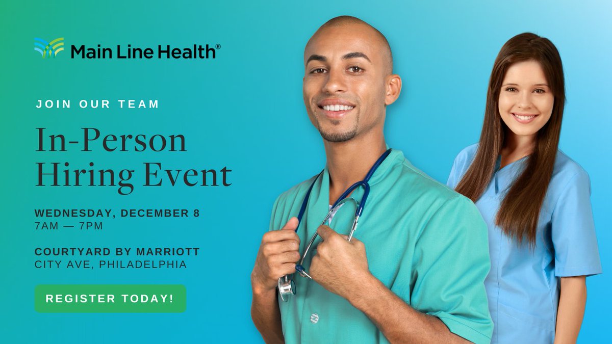 mainlinehealth's tweet photo. New Year, New Opportunities. Drop in and learn how a career at Main Line Health offers a world of opportunity to empower and inspire you in any role, at any level.
Secure your spot today: https://t.co/FPbuqrl2Yw #mainlinehealth #hiringevent #careers #beseen #jobopenings https://t.co/QDJPxWyN2W