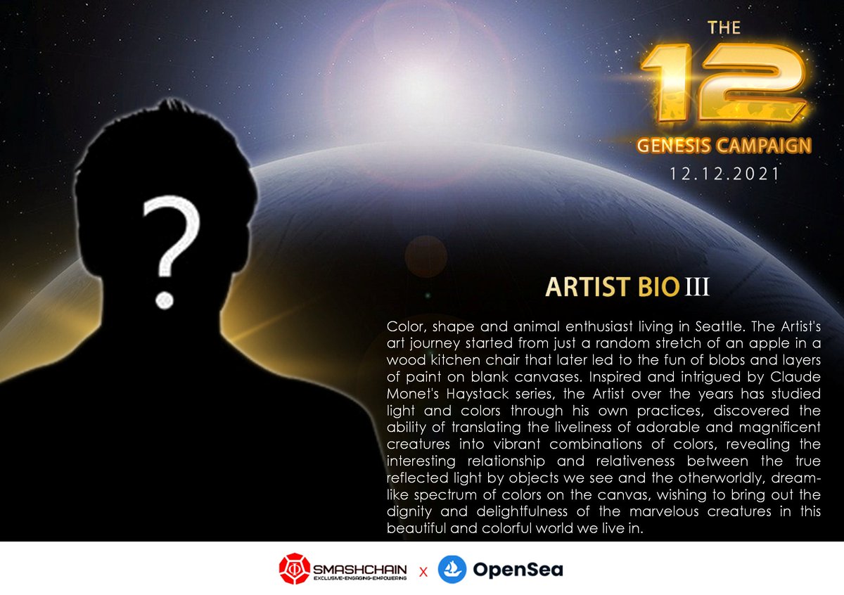 SmashPayX's tweet photo. #The12 #Genesis #NFTcollection
Artist 3 - Biography
#NFT #NFTArtist #NFTdrop #preBURN #NFTart #Opensea #SmashChain https://t.co/CAxqjEDCnJ