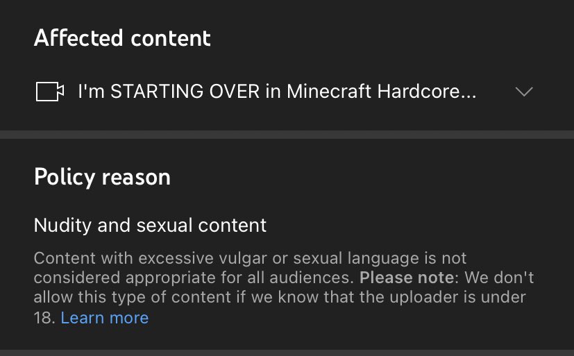 WadZeeYT's tweet photo. My innocent little minecraft video got “manually reviewed” and age restricted for Nudity and Sexual content. Despite being nothing but minecraft gameplay and not even a single swear word.

????????? https://t.co/gmmUDoKeqi