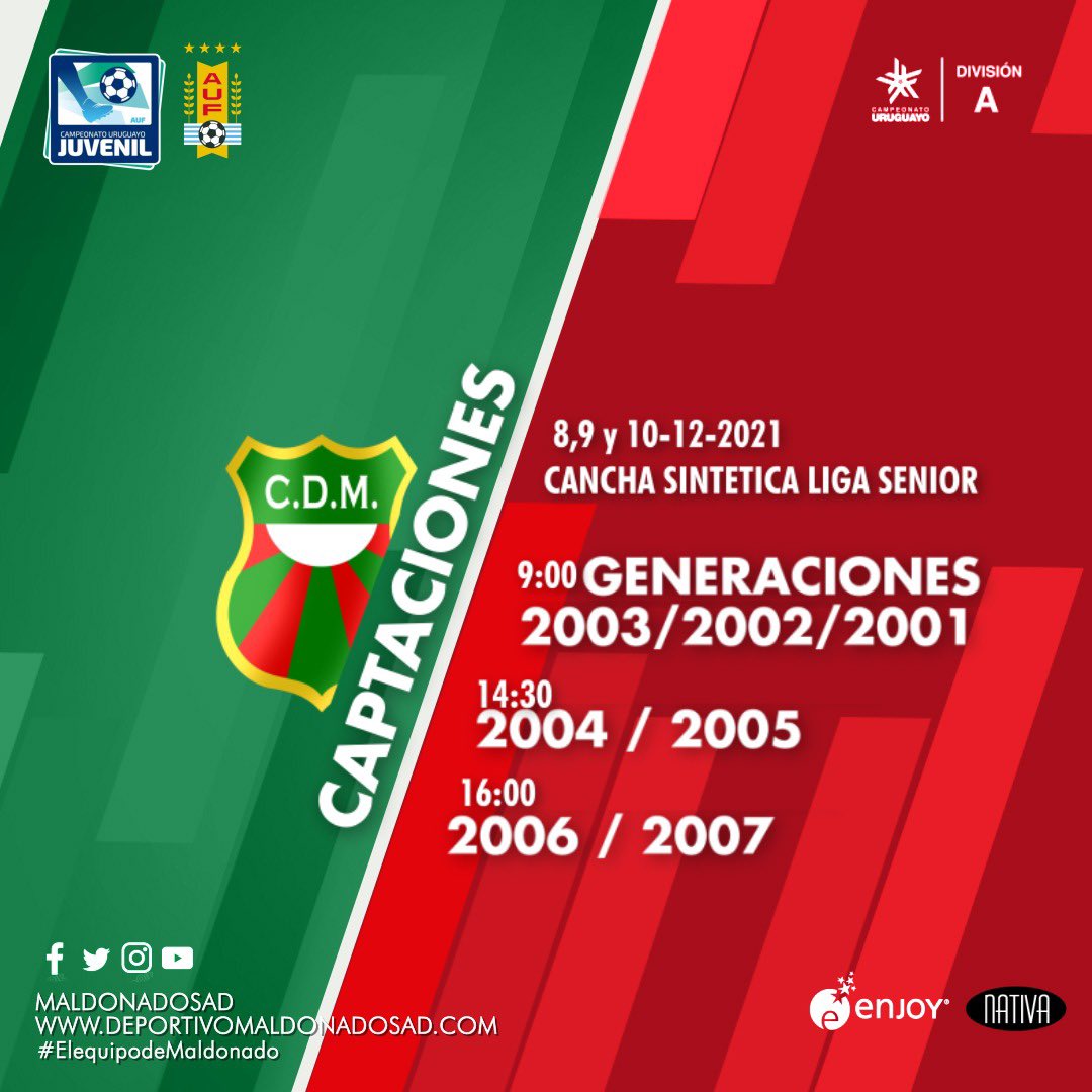 En esta semana entrante se estará realizando una captación de jugadores que quieran formar parte del club en 2022. 
Acércate, te esperamos! 🟢🔴
Info.: <a href="/maldosad/">Deportivo Maldonado SAD</a> 

👇👇👇👇👇
