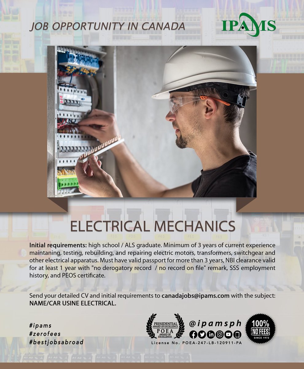 ipamsph's tweet photo. Electrical Mechanics are needed for Canada! click here - https://t.co/Gxv3WaZI5v #ApplyNow #Canadajobs #IPAMS #nofeestobecollected https://t.co/tBMgUL0P3J