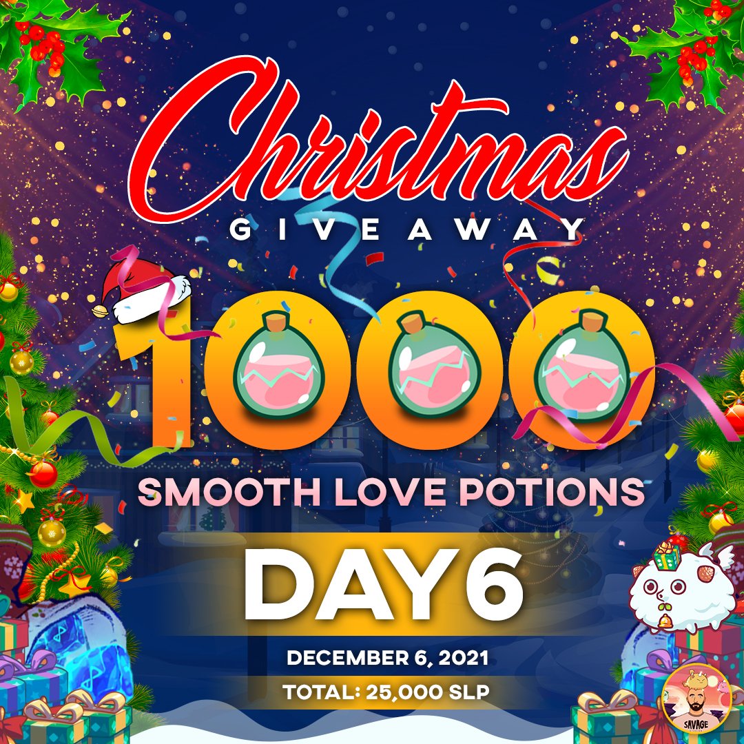 savagestudios6's tweet photo. Celebrating my first Christmas giveaway
Day 6 of 25 days of giveaway 
Are you the next winner of 1000 $SLP Red exclamation mark symbol
How to win:
1⃣Follow https://t.co/b4AVkqK6bM
2⃣Like &amp; Retweet 
3⃣Mention friends so they can win too!!
Winners will receive a dm https://t.co/IQF28BcrcQ