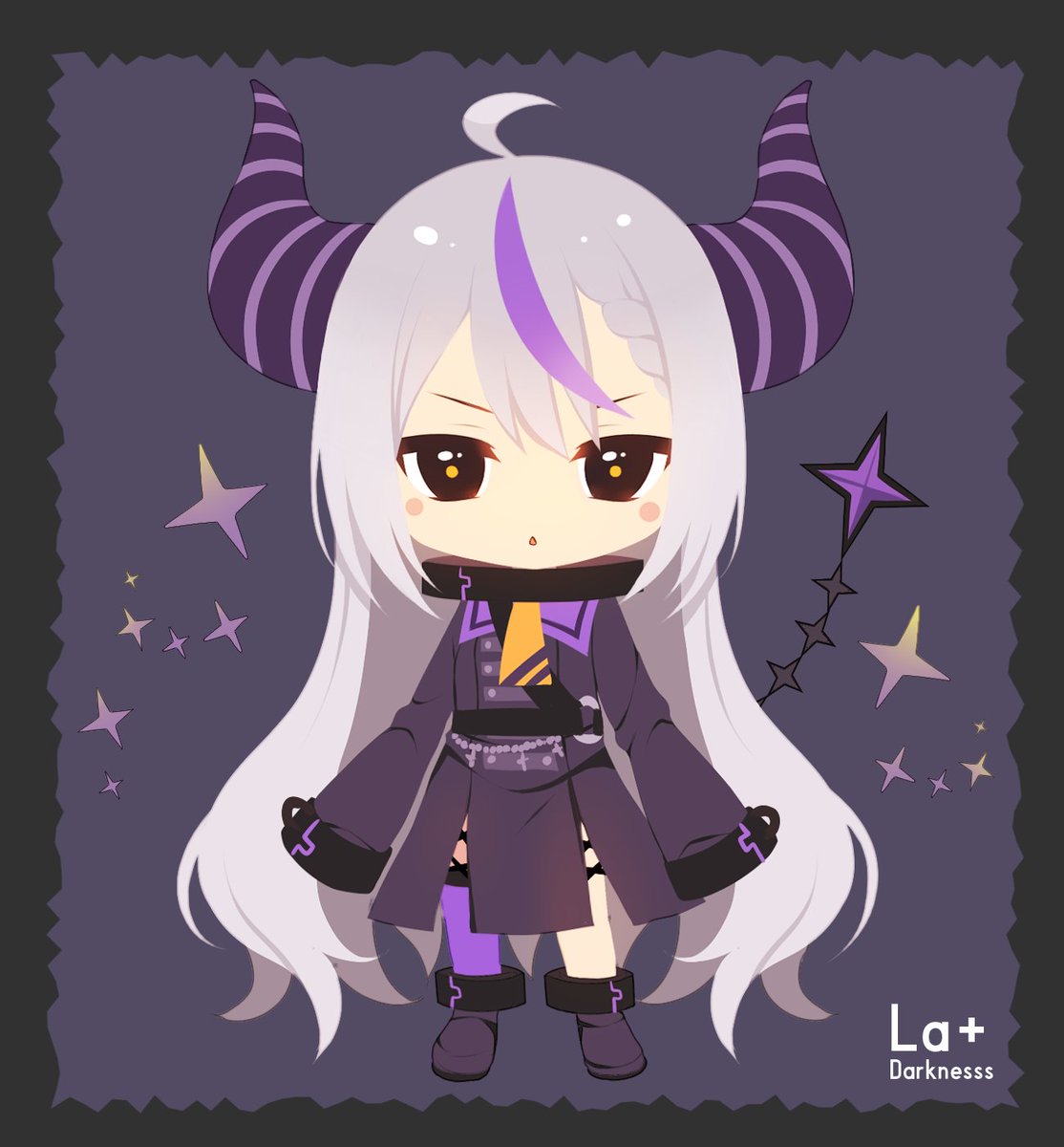 la+ darknesss 1girl horns streaked hair solo chibi purple hair grey hair  illustration images