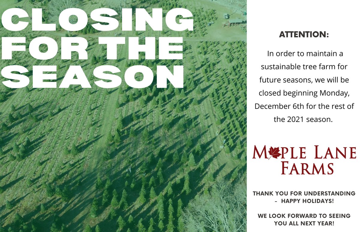 MapleLaneFarms_'s tweet photo. We are very sorry to close early, but we want to ensure we continue to be one of the best options for your Christmas trees for many years to come. 

Thank you for your understanding. 

Merry Christmas 🎄 https://t.co/XDBj2a2QnG