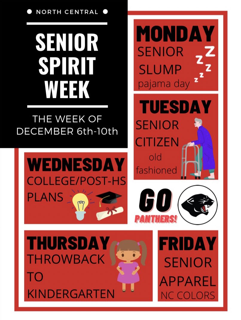 nchsclassof2022's tweet photo. Seniors!!! Get excited for Senior Spirit Week! It starts tomorrow Monday December 6th with Pajama Day! @NC_Principal https://t.co/6oBFPgVyne