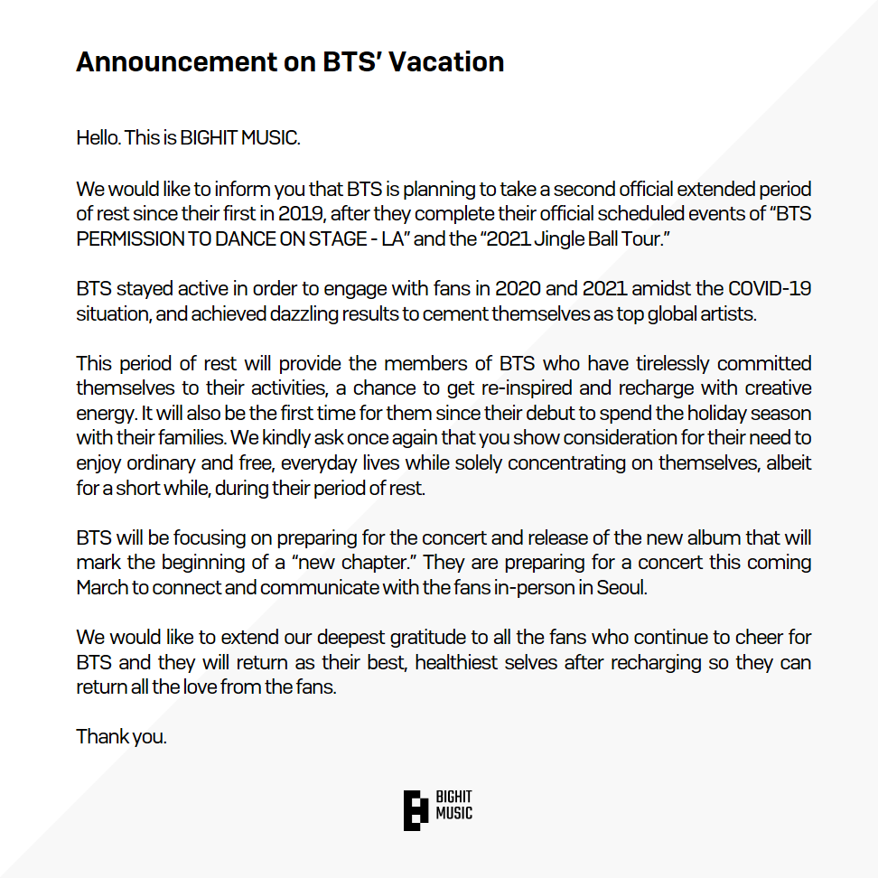 BTSPathCA's tweet photo. INFO | 📈

Hola este es BIGIT MUSIC.

"Este período de descanso brindará a los miembros de @BTS_twt que se comprometieron incansablemente con sus actividades, la oportunidad de reinspirarse y recargarse con energía creativa También será la primera vez para ellos desde su debut + https://t.co/ljM8y9vwgy