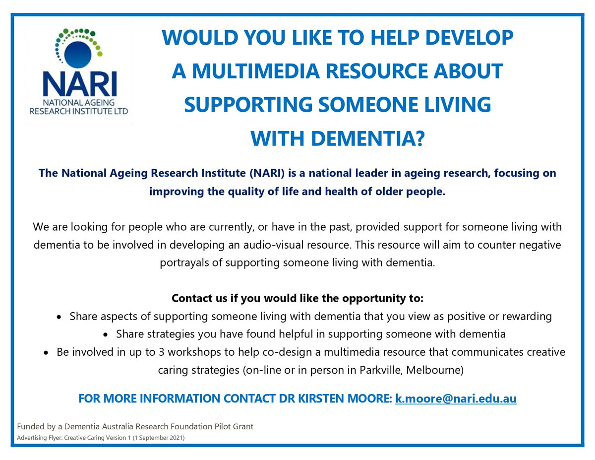 NARI (@nageingri) on Twitter photo We are looking for carers to be involved in our <a href="/DementiaAus/">Dementia Australia</a> funded project Creative Caring. We will co-design a resource about the positive aspects of caring and the creative ways carers support their relatives living with #dementia. For details, contact @k1rstenmoore We are looking for carers to be involved in our <a href="/DementiaAus/">Dementia Australia</a> funded project Creative Caring. We will co-design a resource about the positive aspects of caring and the creative ways carers support their relatives living with #dementia. For details, contact @k1rstenmoore