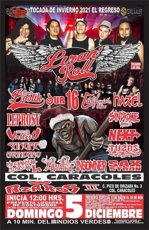 Rock_Urbano's tweet photo. 05 de Diciembre 2021 / Salon Azaros 2 / Colonia Caracoles / 12PM:
#LiranRoll
#BandaBostik
#Sur16
#CaliforniaBlues
#Hazel
#Leprosy
#3Vallejo
@NEXTMETAL
#SangreAvandaro
#Tuzos
#PasosSinRumbo
Y mas
#TocadaCaracoles #TocadasRockUrbano #Tokin #RockUrbano #RockNacional #RockMexicano https://t.co/FKAjKrtzJG