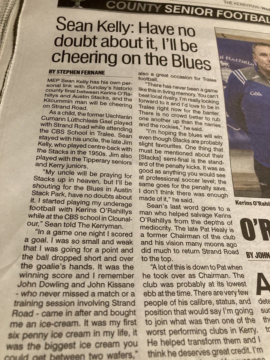 SeanKellyMEP's tweet photo. Fantastic coverage by @kerryman_ie on the 1st. local derby @Kerry_Official final between #Narries & #Rockies in 85yrs. Can’t beat well grounded local media .Collectors item. https://t.co/LUCsnXTzde