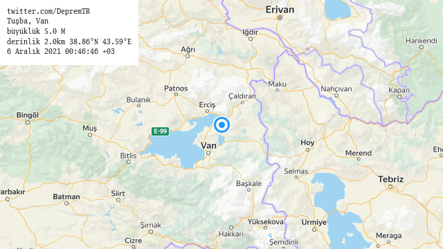 DepremTR's tweet photo. Tuşba, Van
büyüklük 5.0 M (4 dk önce)
derinlik 2.0km 38.86°N 43.59°E
6 Aralık 2021 00:46:46 +03
#deprem https://t.co/Ze9CoUZUs2
