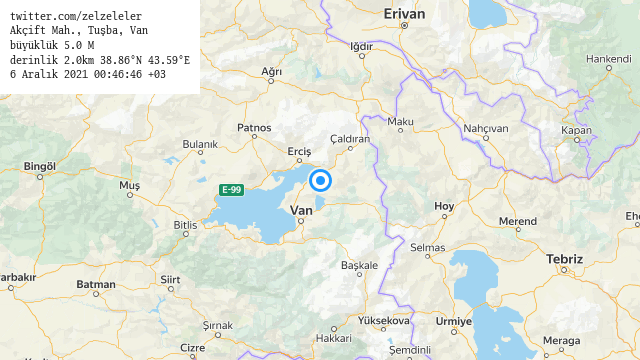 Akçift Mah., Tuşba, Van
büyüklük 5.0 M (4 dk önce)
derinlik 2.0km 38.86°N 43.59°E
6 Aralık 2021 00:46:46 +03
#deprem
