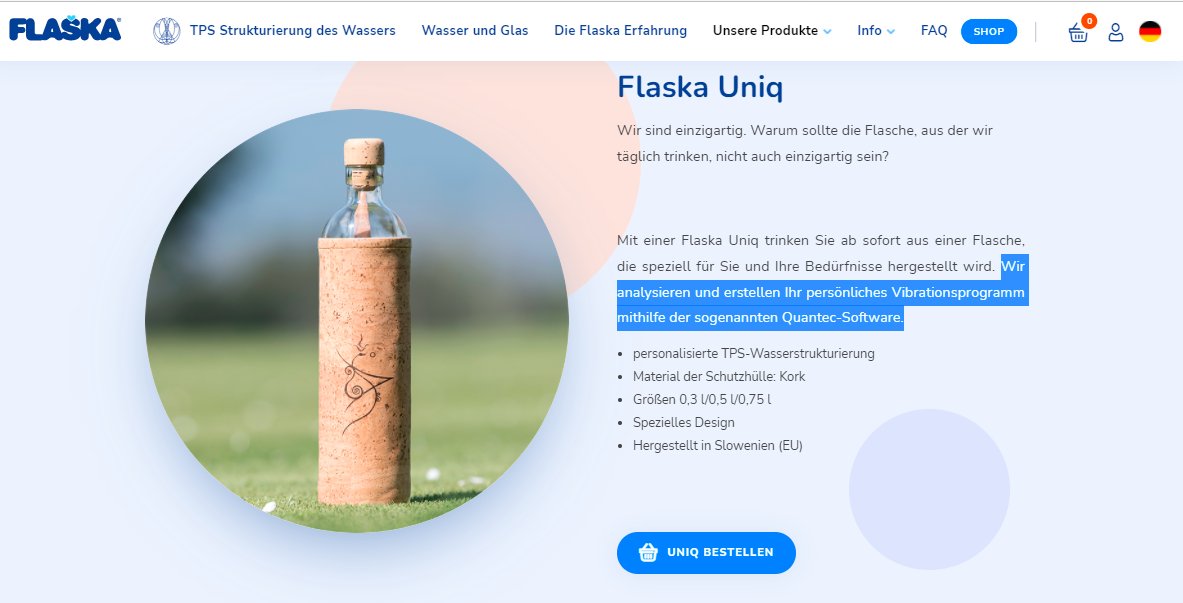 pdfkungfoo's tweet photo. @Hechtvogel @Kachelmann Ich bin noch etwas unentschlossen, ob ich bei #Flaska die Uniq-Flasche mit Kork bestellen soll. Immerhin, für 151,-€ plus 6,95€ Versand...

 "...analysieren und erstellen [die
   Hersteller mein] persönliches
   Vibrationsprogramm mithilfe
   der sogenannten Quantec-Software." https://t.co/SJCNz4QNHJ