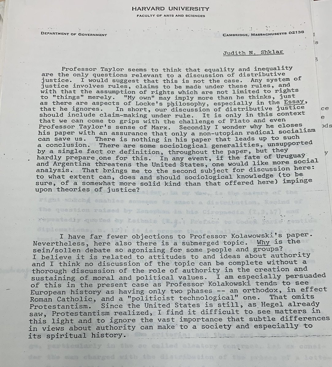 daniel_dsj2110's tweet image. Judith Shklar’s on a conference paper given by Charles Taylor in 1976 on the topic of distributive justice: