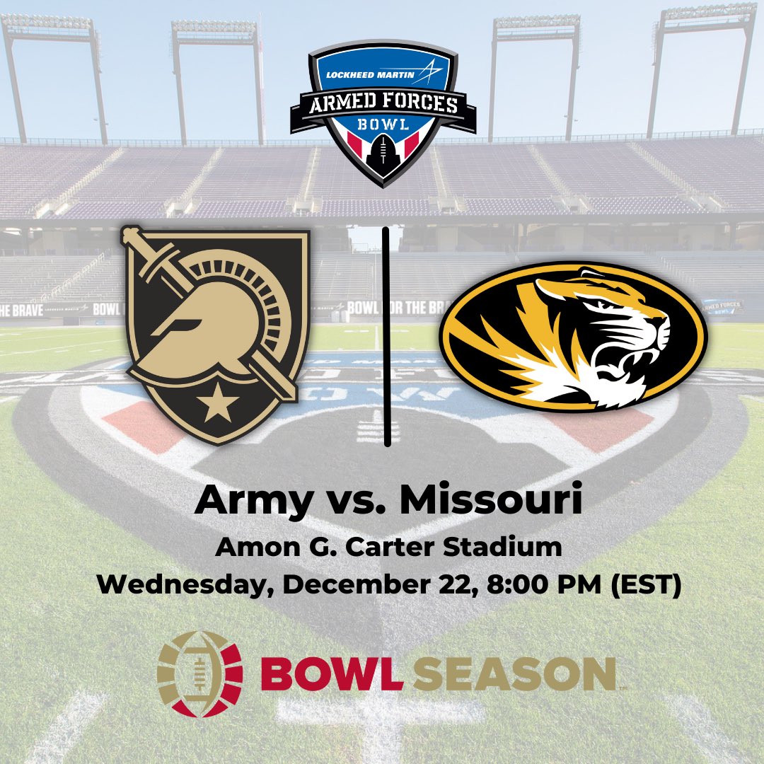 BowlSeason's tweet photo. 🚨OFFICIAL: @ArmyWP_Football will take on @MizzouFootball in the @ArmedForcesBowl 🚨#BowlSeason https://t.co/ZeoEzXHZnK