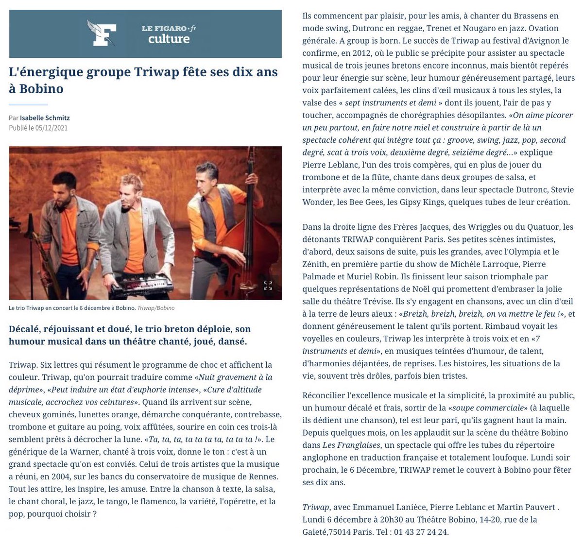 Merci <a href="/Figaro_Culture/">Le Figaro Culture</a>, merci <a href="/ischmitz1/">Isabelle Schmitz</a> pour ce magnifique article ! RDV demain à <a href="/TheatreBobino/">ユミ・マルトラタダ#2084</a> pour faire la fête avec vous !
L’article en ligne → lefigaro.fr/musique/porte-…