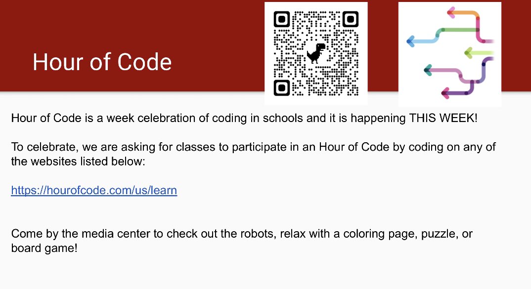 Celebrate Hour of Code Week in the Butler Media Center: December 6 - 12, 2021.