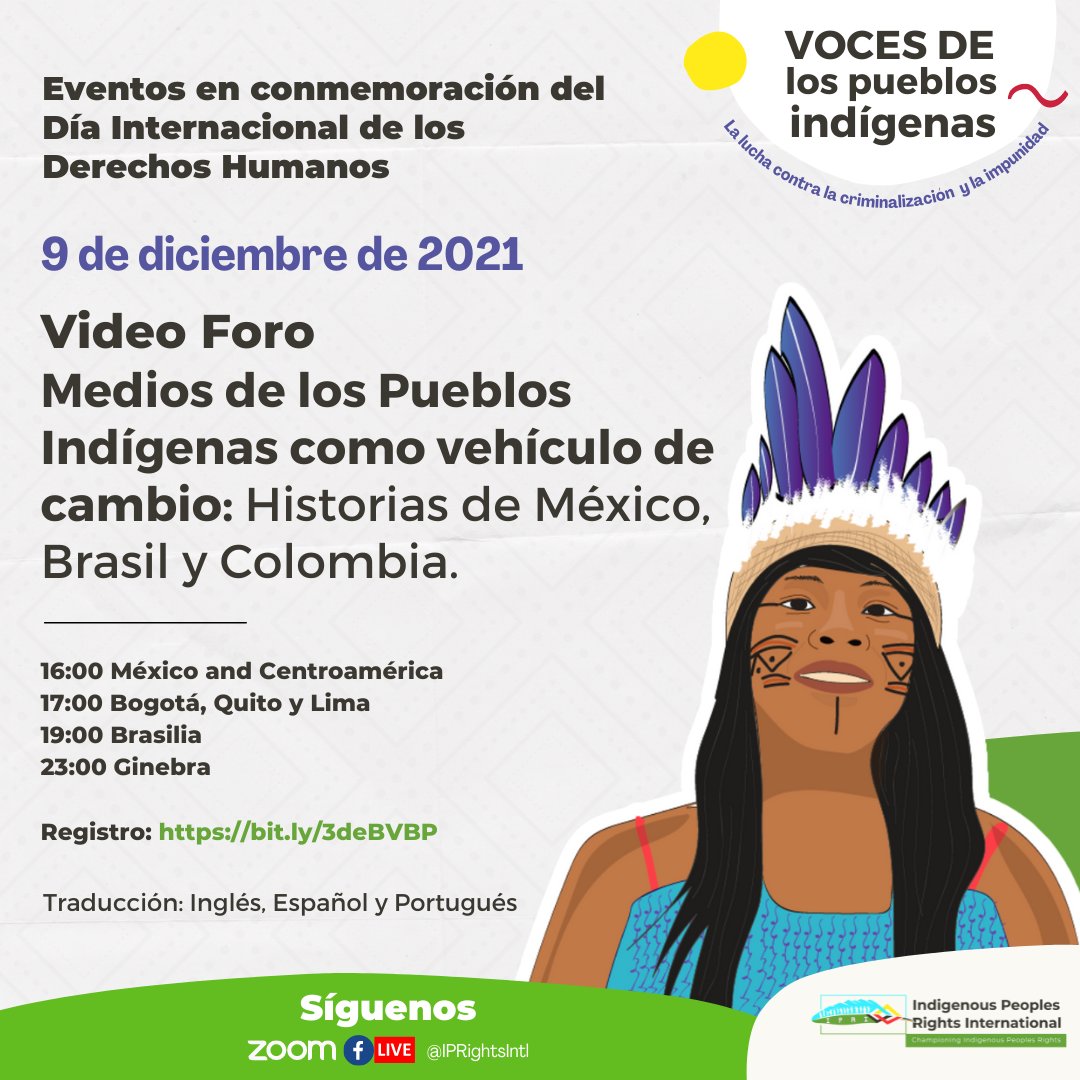 IPRightsIntl's tweet photo. Contar historias de resistencia de #PueblosIndígenas es urgente en este contexto de criminalización por defender #DDHH.
📽️Únete a nuestro #VideoForo y conoce las historias de lucha de 🇧🇷, 🇨🇴 y 🇲🇽 desde la voz de los pueblos.
🗓️ 09/012/21
👉Registro: https://t.co/LCbafxgjwz https://t.co/TtCHPvDbwG
