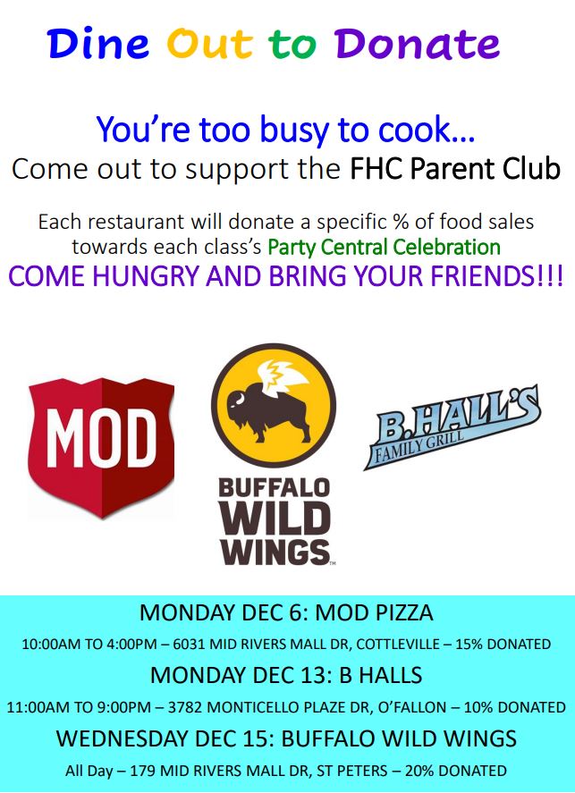 FHCParentClub's tweet photo. FHC Parent Club Dine Out to Donate is starting Monday, 12/6/21 at MOD Pizza.  Please grab an amazing pizza from 10am - 4pm. Address is 6031 Mid Rivers Mall Dr. Please just show them this flyer!! Thanks again for MOD Pizza #shoplocal @FHCAD @SonnyArnel https://t.co/3NdheUcthV