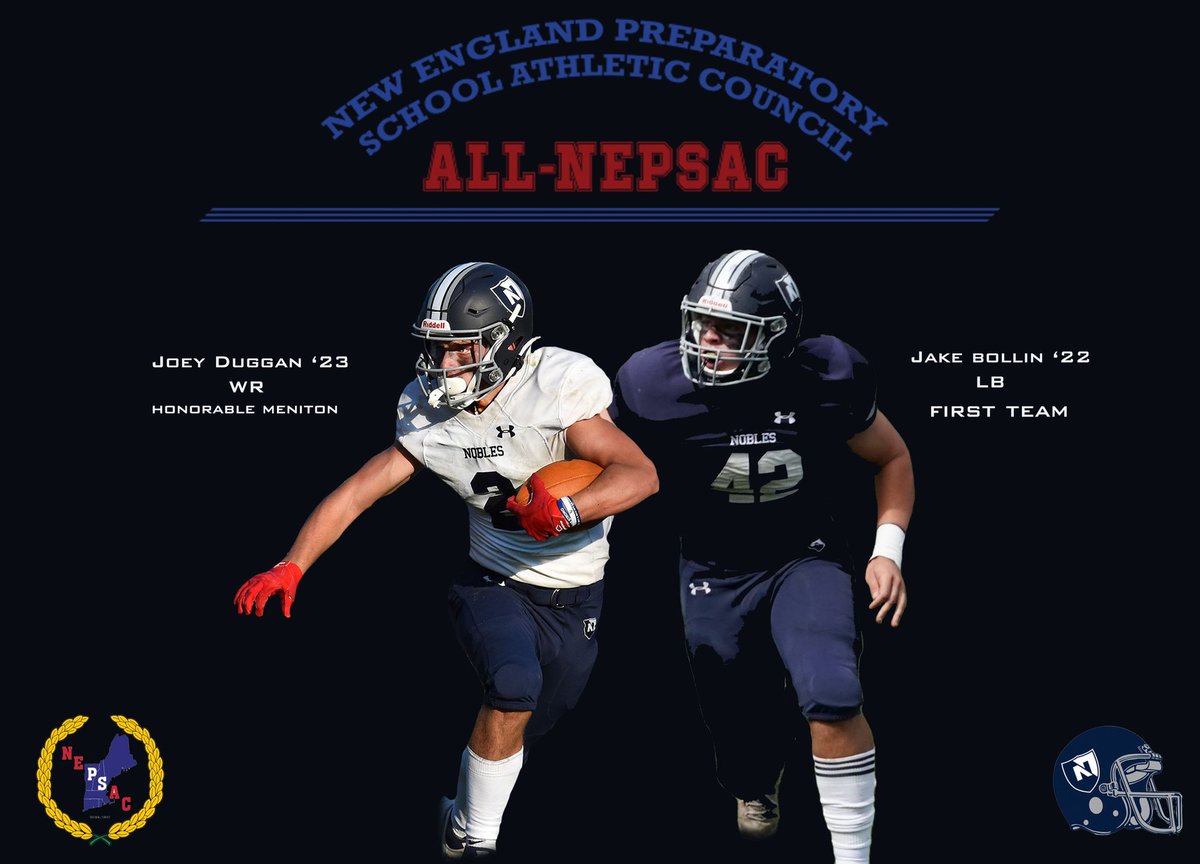 JustCoachMur's tweet photo. Congrats to @jakebollin ‘22 (1st team - LB) and @JoeyDuggan7 ‘23 (Honorable Mention - WR) for being named All-NEPSAC @NEPSAC #gridirongaNG @NoblesAthletics @newftbj @BostonHeraldHS https://t.co/xUQDmtDr1J