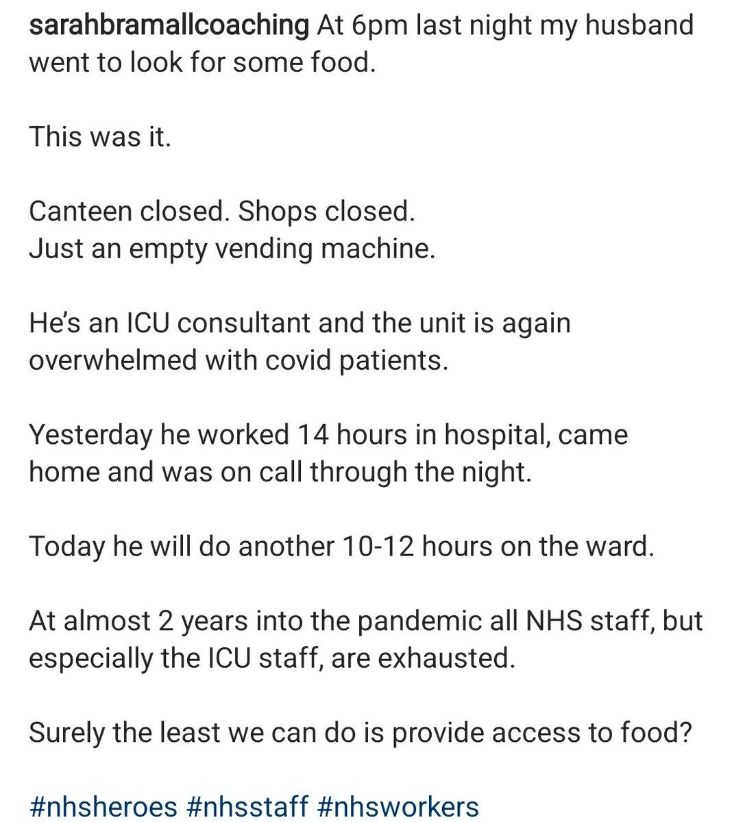 An ICU consultant who did a 14 hr shift, was on-call through the night &amp; then doing a 12hr shift, tried to find food and all that was around was an empty vending machine. I am upset, I want to bring in change and I am acting on it because this needs to stop! #24hrhotfoodfortheNHS