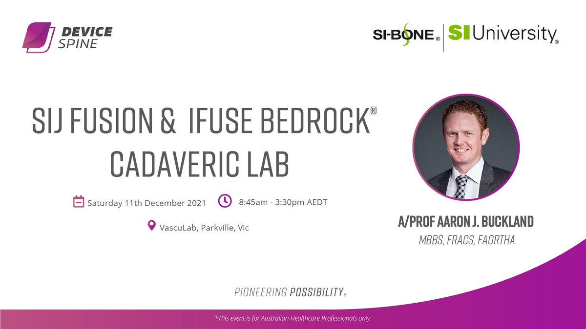 devicetech's tweet photo. We look forward to hosting SI-Bone primary training, facilitated by Associate Professor Aaron Buckland on SIJ Fusion and its role in long constructs. If you wish to attend, register your interest here: https://t.co/Rj5A8sOVgw      

#SIBone #SIJoint #CadavericTraining #DTSpine https://t.co/tvrtDiLnkv