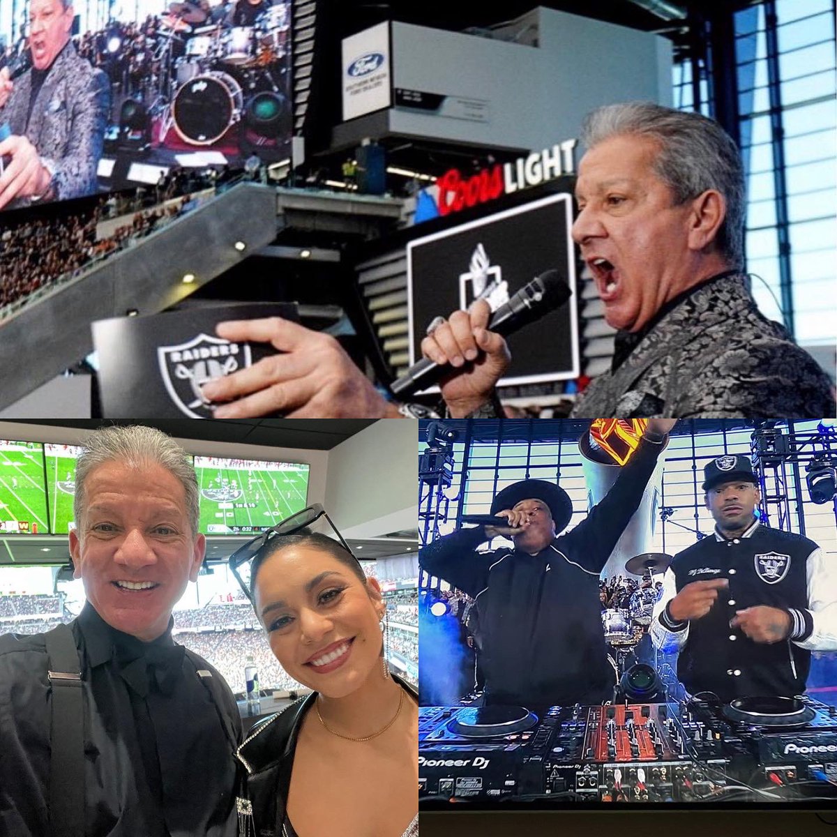 brucebuffer's tweet photo. Sunday Funday announcing the opening kick-off 🏈 for the @Raiders today 🗣🎙@VanessaHudgens sang an awesome rendition of our National Anthem 🇺🇸 & @RunDmc lit up the stadium with their halftime show 🎹🎼🎤#ITSRAIDERTIME 🏈 #BUFFLIFE 😎 https://t.co/E81U6NMoeh
