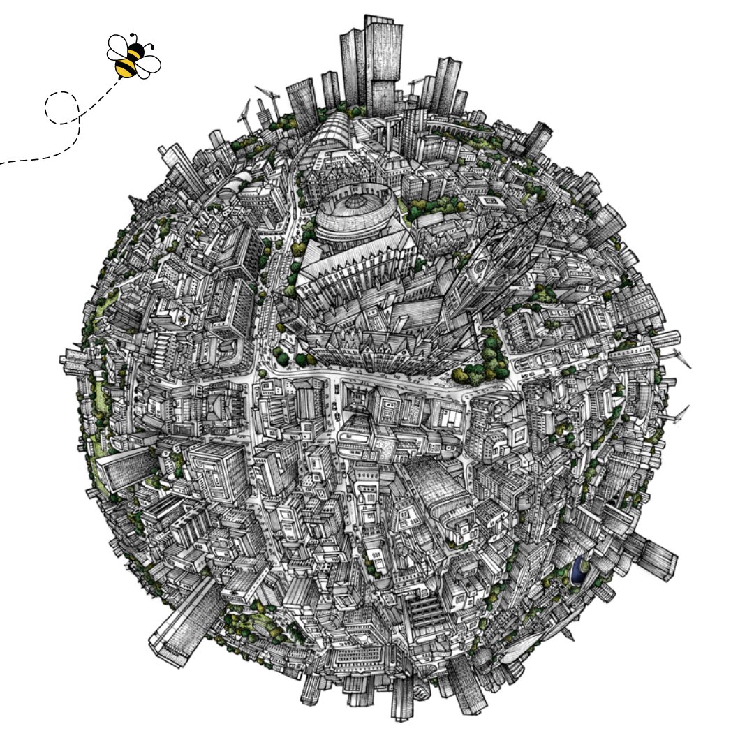 This is our Manchester City Globe. Can you find the four hidden worker bees within the drawing? #Manchester #manchesterbees #manchesterart