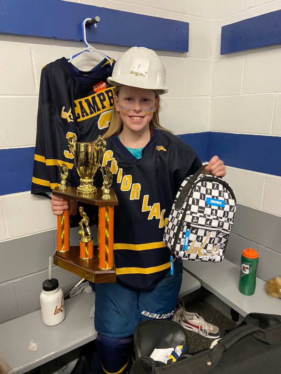 PriorLake10A's tweet photo. Avery Olson earned the hard hat and lunch pail to with her outstanding effort against LDC.  Congrats Avery and keep up the hard work!!! https://t.co/dKic8HXi8W