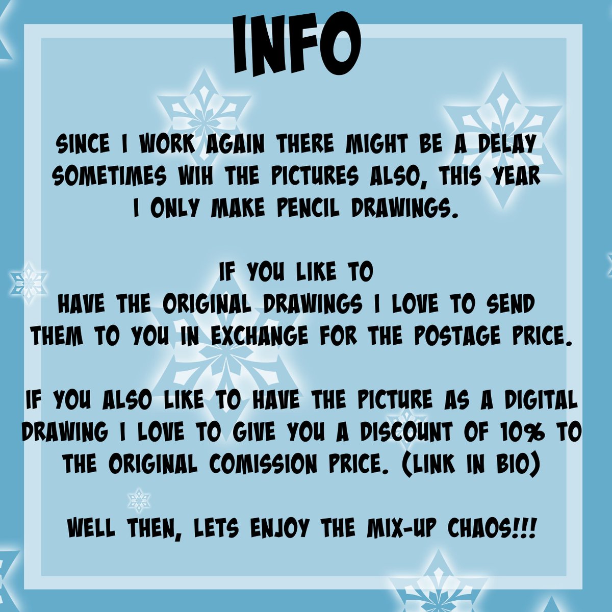 Hello everyone,
like last year I do a daylie (delayed) christmas raffle this year again. (every critter welcome)
Please read the rules and info !
Their will be a new post each day for you to enter, this one is for the first round (2 winners).
Following is appreacitated. 😀