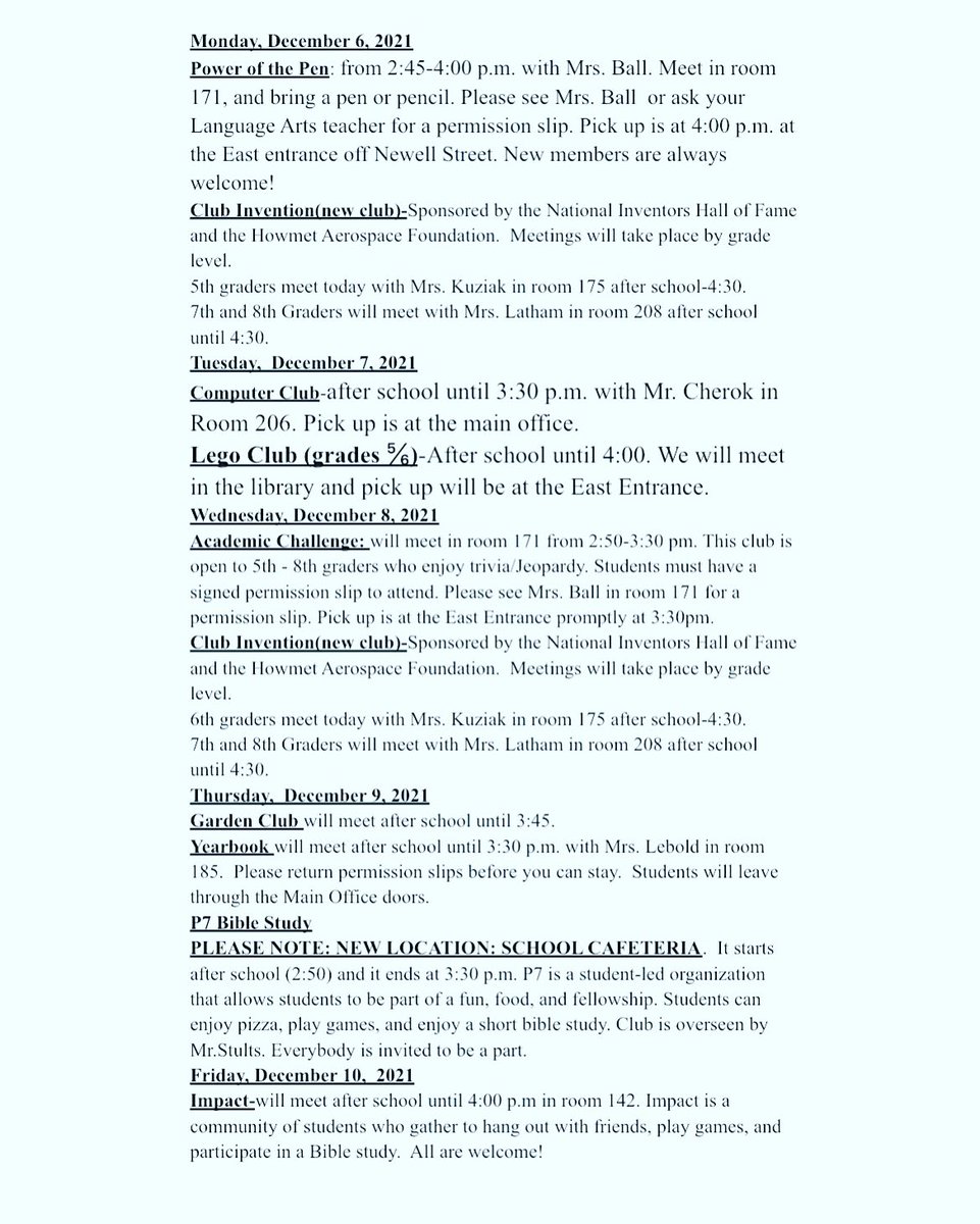 BMS Clubs for the week of December 6th!  Lots happening this week!  Thanks to all of our club advisors for your hard work!  We appreciate you!   🎄