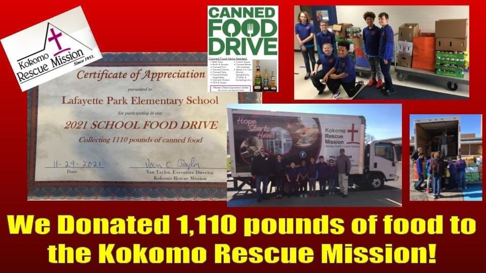 LPE_Pride's tweet photo. THANK YOU to all of our families and friends that helped donate items towards the food drive to support the Kokomo Rescue Mission.  We successfully collected 1,110 POUNDS of food!!  We couldn't have done any of this without the community's amazing support.  WAY TO GO LPE ❤️🐾💙 https://t.co/ZdnhejMXiv
