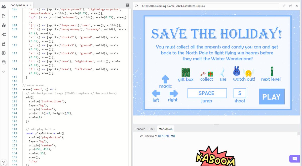 ash_hrz00's tweet photo. I am beyond excited to announce that @RonJonArod and I worked on a game that won 2nd place overall this weekend at the #Hackcoming Hackathon with @MLHacks! π
π₯Demo: https://t.co/CbAYH84Ti8
π»Devpost Submission: https://t.co/F2IVpSTGYE
#gamedev #kaboom #js #hackathon #mlh https://t.co/PCu8hTZmPL