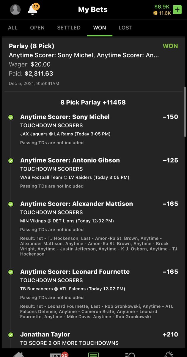 ParlayDoc's tweet photo. Annnnnnnd our +11458 TD parlay also hits!!!!  That was a $5k TD from Gibson for me!!! Glad a bunch of you hit with me today, appreciate the happy DM’s!!! We were due, but a monster +11458?? Let’s fucking go! #GamblingTwitter #wagerlife RT https://t.co/91WL134vqq