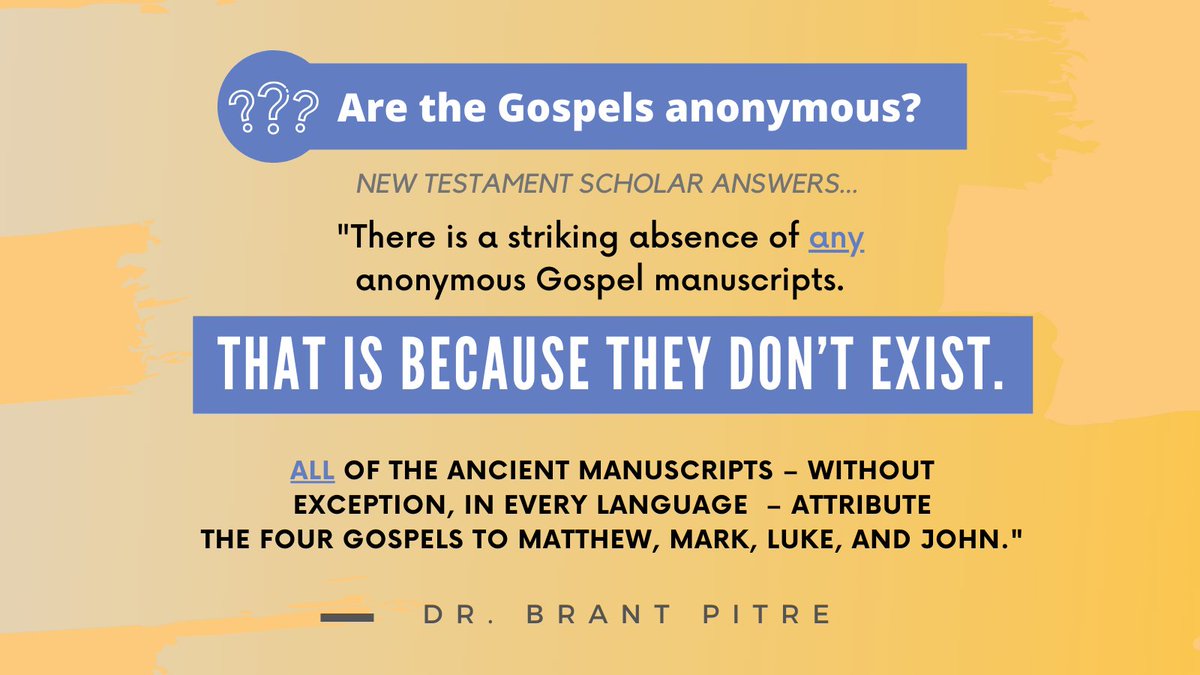 SomeApologist's tweet image. "We don't know who the authors of the Gospels are! They're anonymous!"

Consider Dr. Brant Pitre's answer below...