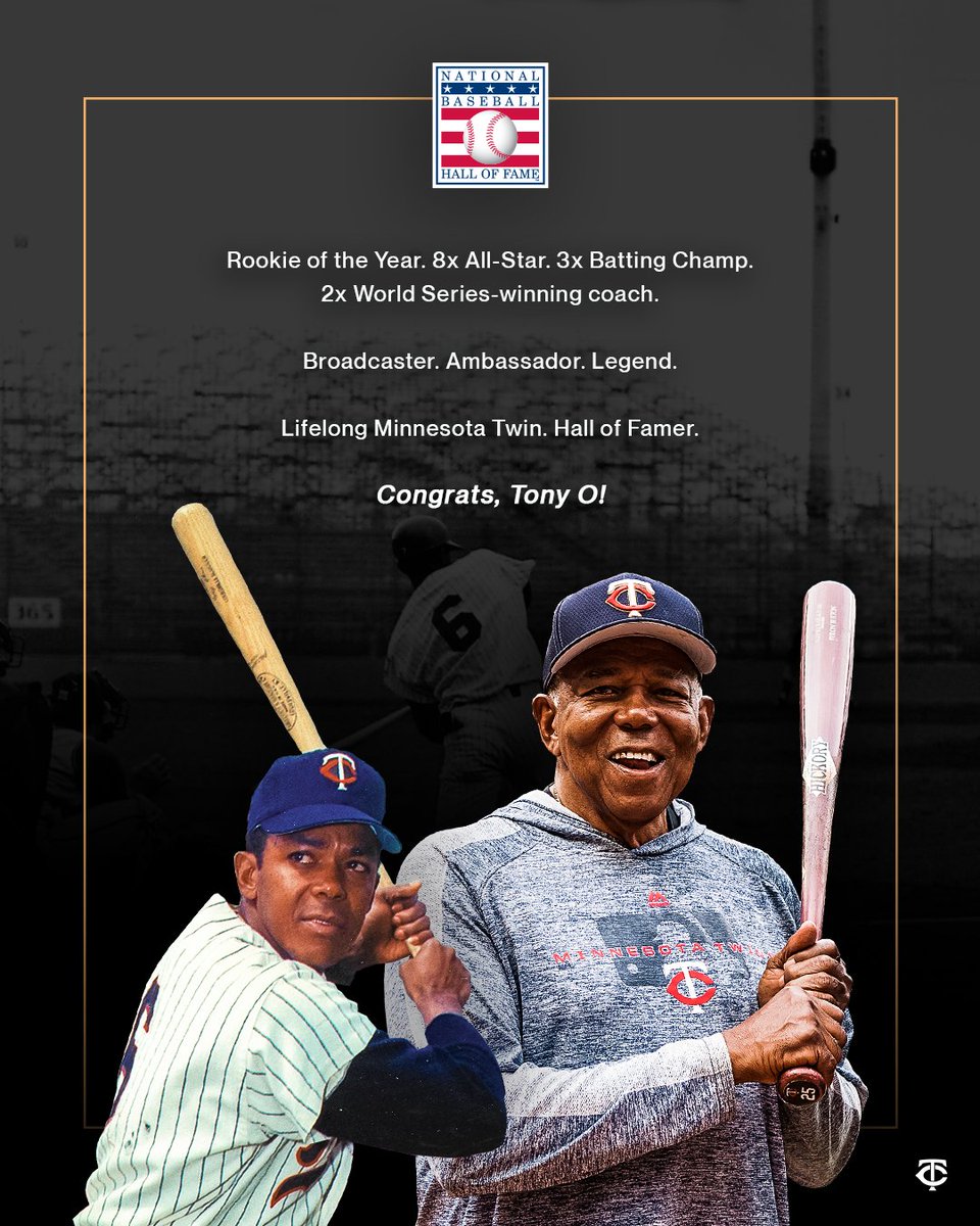 Twins's tweet image. Congrats to Tony Oliva on being named to the MLB Hall of Fame!