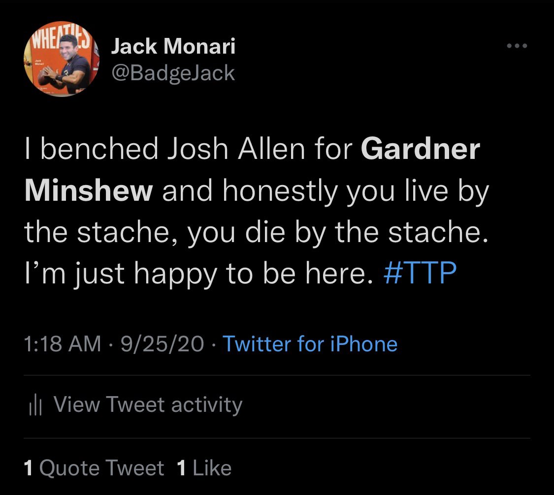 BadgeJack's tweet photo. Welcome to #MinshewMania, you nerds. Better late than never! #TrustTheProcess #GoBirds #FiveStarMan @GardnerMinshew5 https://t.co/eYe9P6izC3