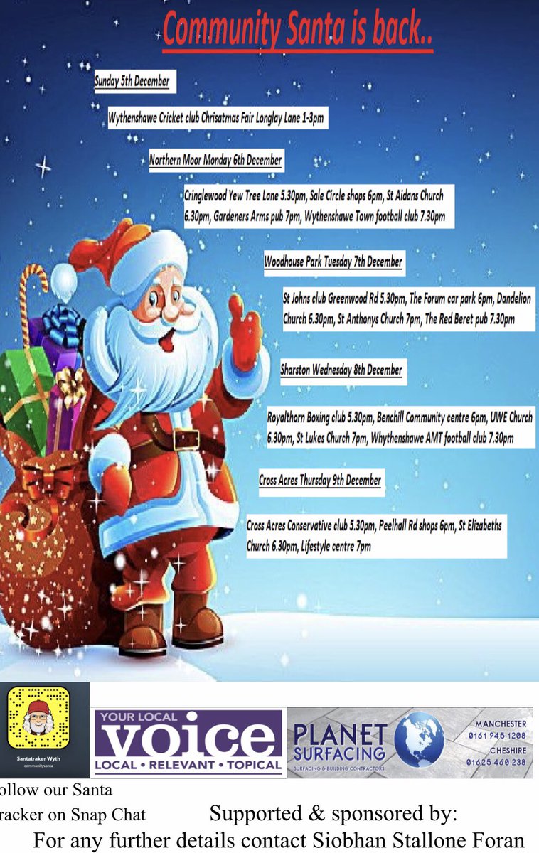 EventsForan's tweet image. Our Santa drive starts tomorrow in Northern Moor come along and see Santa and his friends and receive a free gift ❤️ @Southsidemag @CllrMaryM @wfm972 @MikeKaneMP @RadioNorthenden @intouchwyth