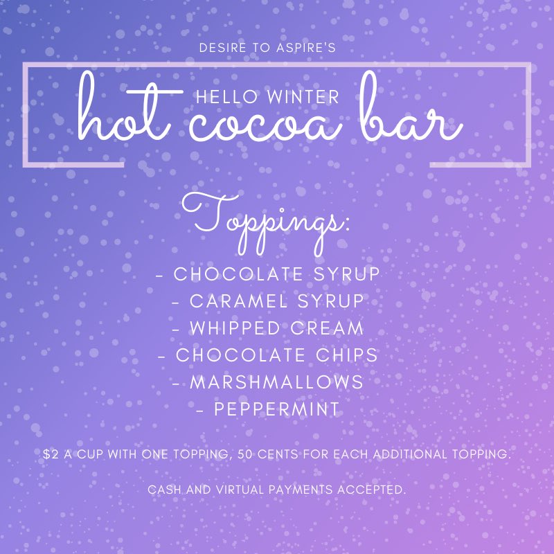Desire2AspireMU's tweet photo. We’re having our Hello Winter Hot Cocoa Bar fundraiser this week! Drop by MU Speaker’s Circle for a warm cup from your favorite Aspirers! ❄️☕🌟 https://t.co/4425lG9jsU