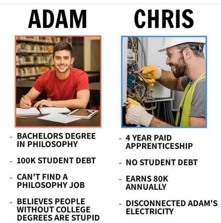 westernbobb's tweet photo. @lsferguson @sharrein Question: If college education is to make you rich, that would imply that student loan is an investment. But if over 47 million Americans have student debt, that should completely abolish the theory of college. #skipcollege #BlueCollar. I'll leave you with this meme: https://t.co/ghUn2GYNpV