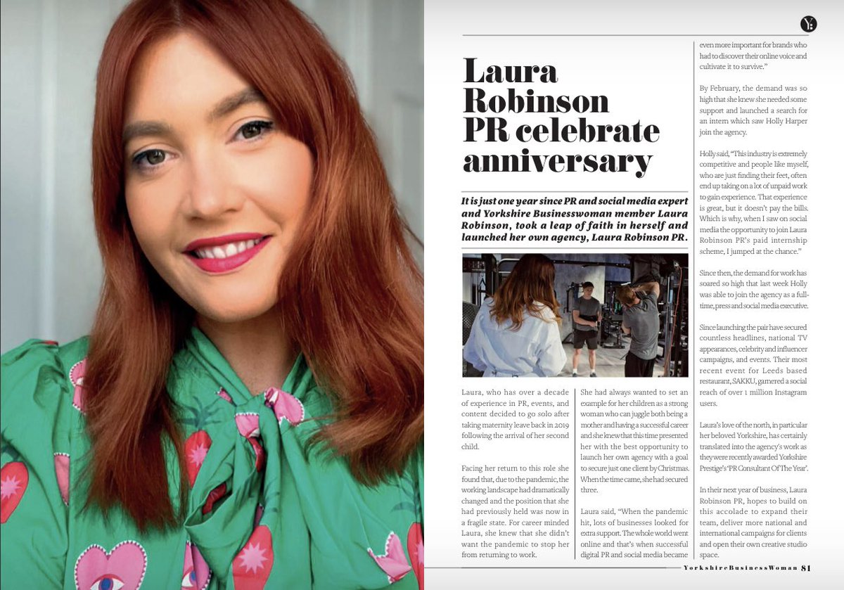 laurarobinsonpr's tweet photo. We’re so proud to see #laurarobinsonpr &amp; our founder @Mrs_Robinson15 in the latest edition of @YorkshireBusin2. What a way to end the year 📰✨ #inthepress #yorkshirebusinesswoman #pr https://t.co/vkSxWevDLO