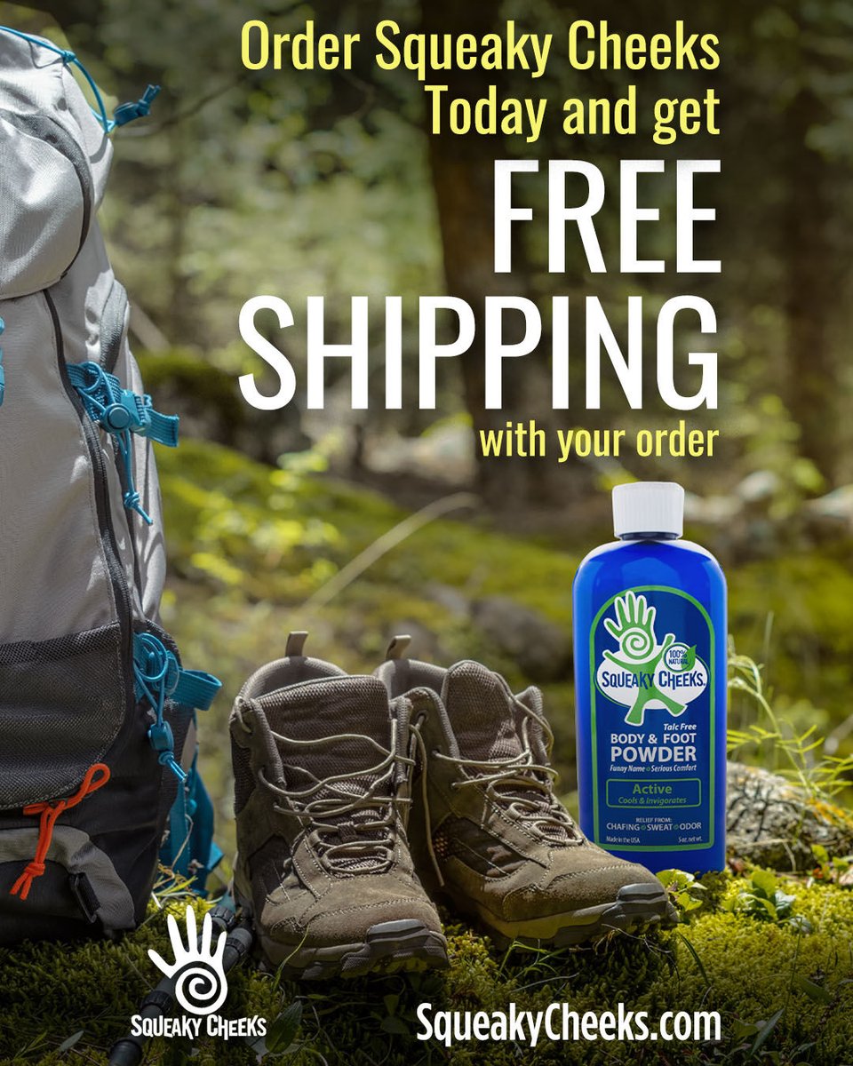 NoSqueak's tweet photo. Squeaky Cheeks Active should be a part of any outdoor activity. Refreshes your body and boots after a long hike.

Learn more about our talc-free natural products and order today with FREE shipping at https://t.co/q67Kpd9kHv. https://t.co/hAXXONFqoL
