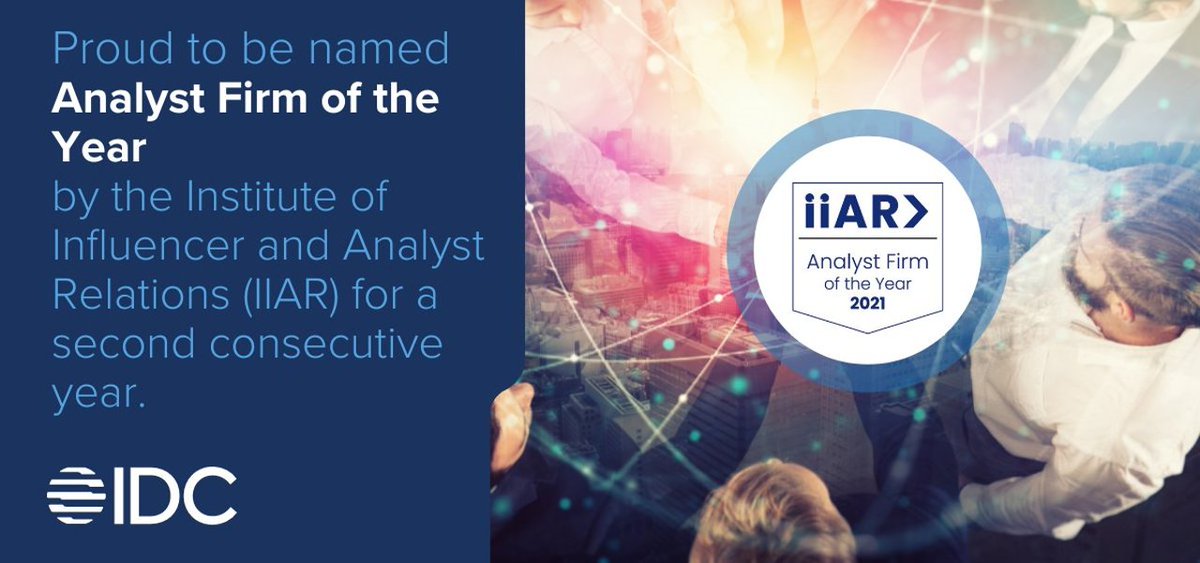 MatthewCalfa's tweet photo. @IDC Named "2021 Analyst Firm of the Year" by @IIAR for 2nd consecutive year. Voting is done by AR professionals, who awarded IDC based on their regional &amp; industry coverage, breadth of research programs, quality of insights &amp; overall value for cost. 
PR: https://t.co/kuqi5kQp8X https://t.co/YyrCtJ7IKm